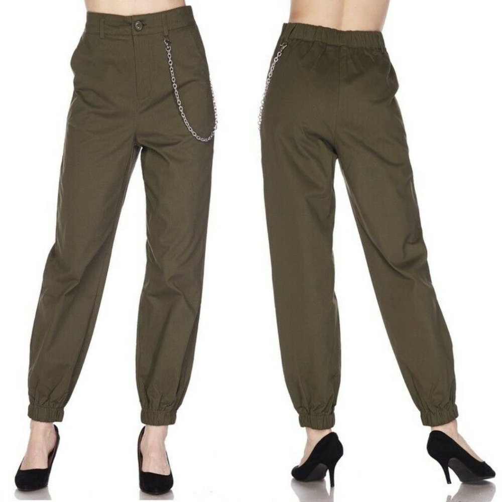 Love Tree Olive Green High Rise Jogger Pants w/ Wallet Chain